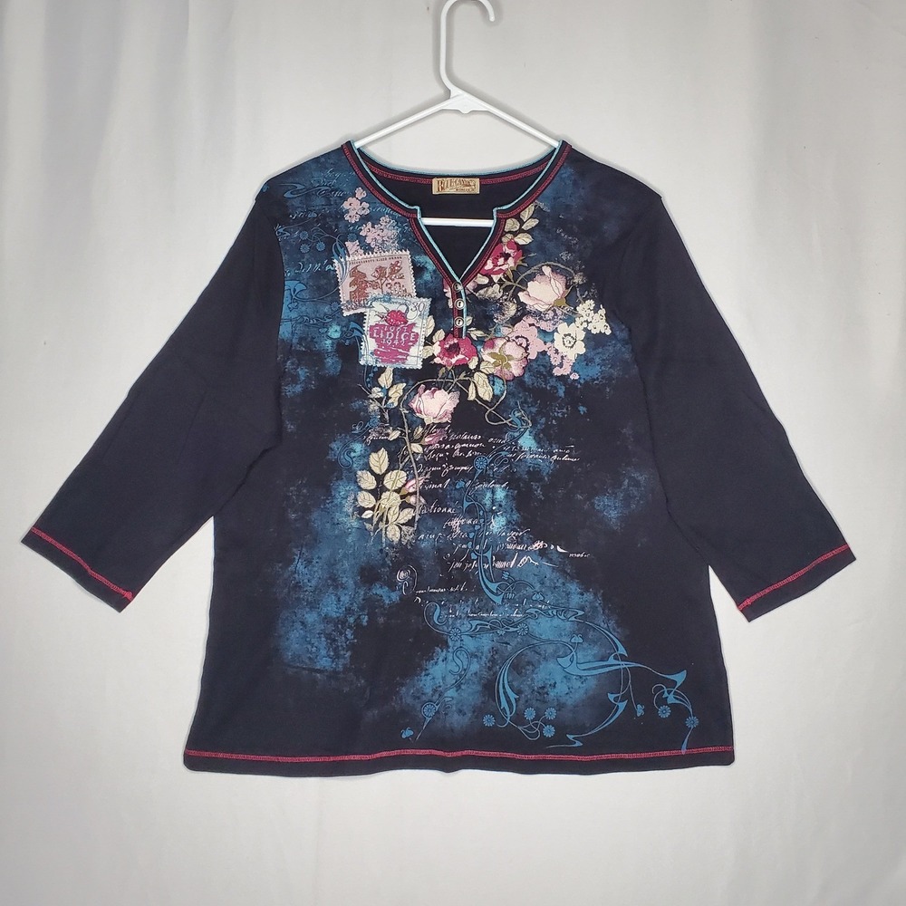 Blue Canyon Womens 3X Navy Floral Postage Stamp 3/4 Sleeve V-Neck Top
